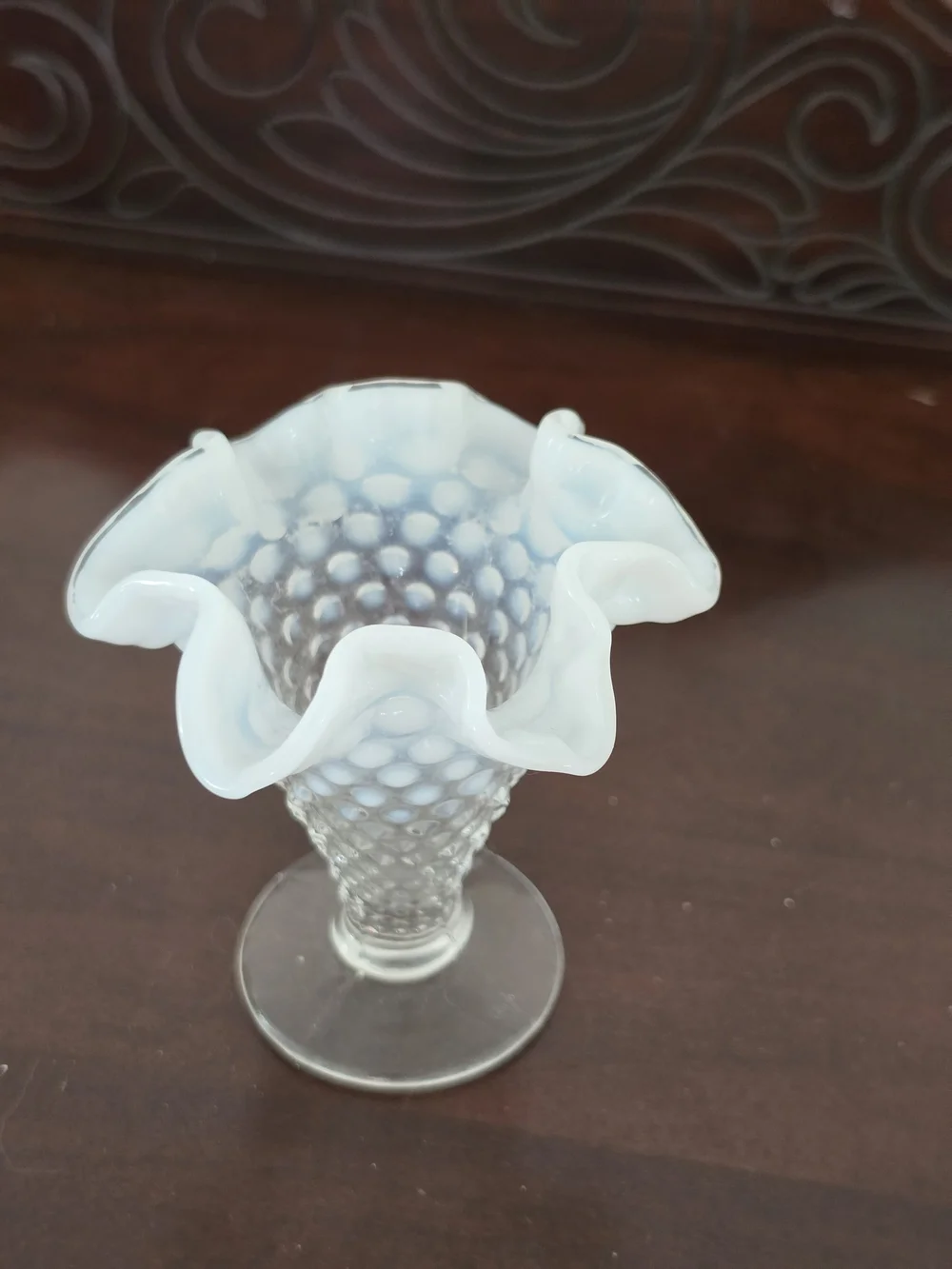 Fenton White Hobnail Ruffled Top Vase